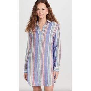 Frank & Eileen Mary Classic Linen Shirtdress Multi Stripe Blue Green Size Small